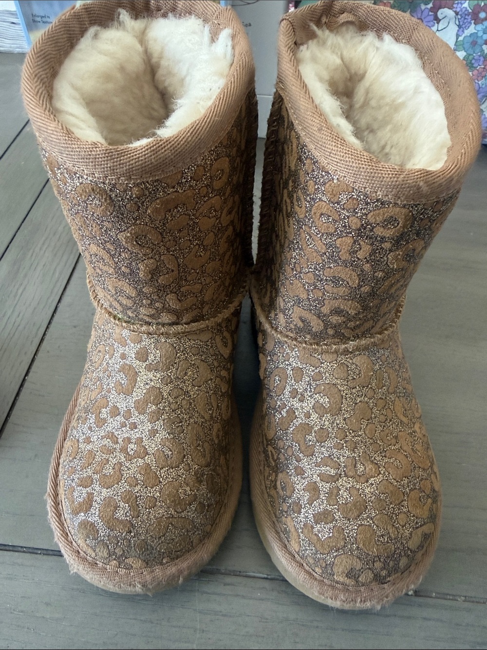 UGG Kids Tan Glitter Leopard Print Shearling Boots